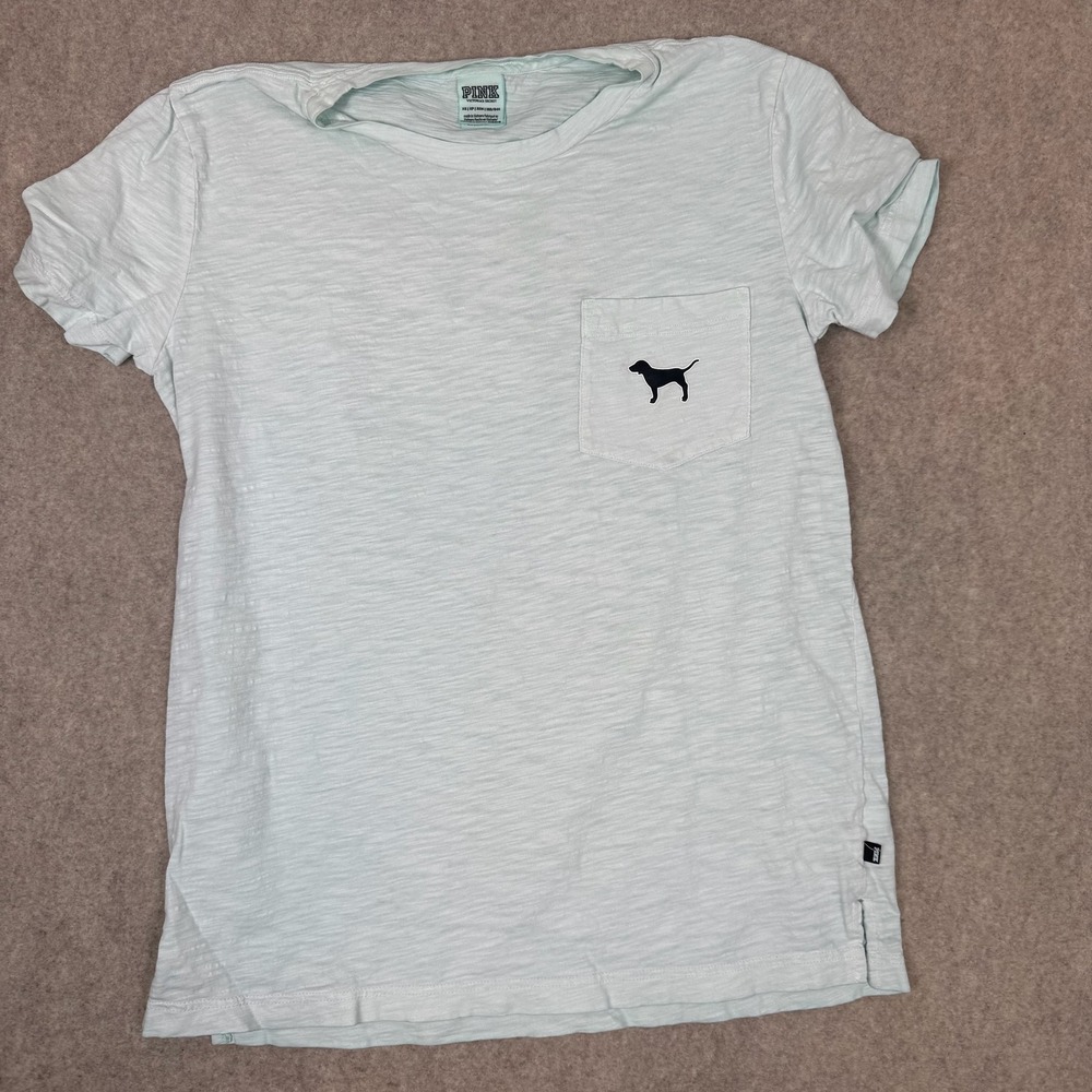 PINK Victoria's Secret T-Shirt Womens XS Mint Green Slub Pocket Dog Logo Graphic